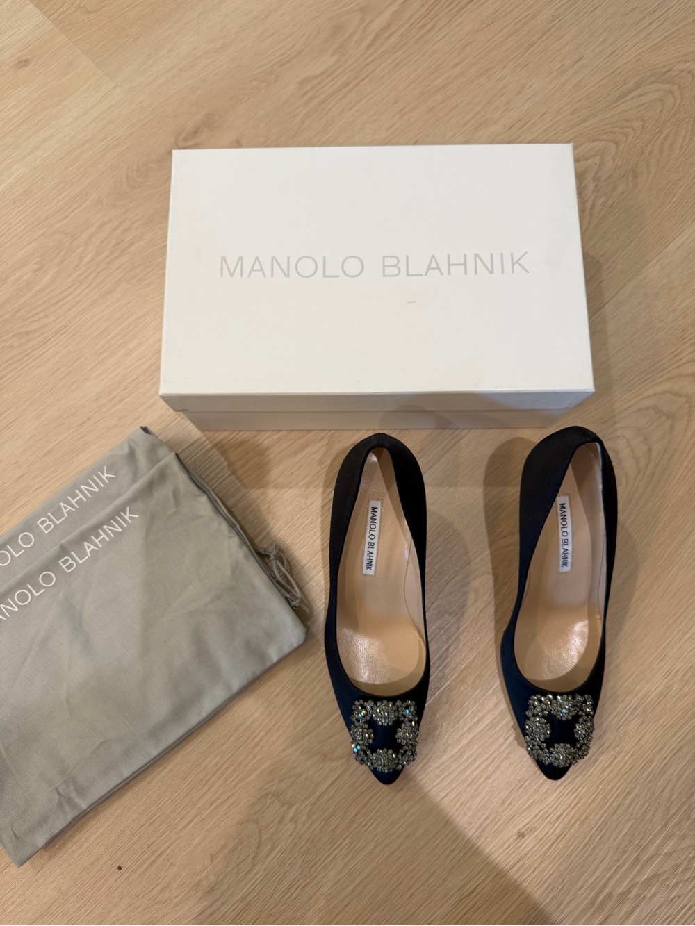 Manolo Blahnik black Satin Jeweled Pointed Toe Pumps 70